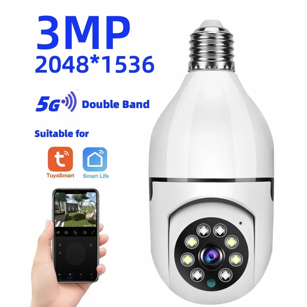 Câmera HEY RAK Tuya 3MP/5MP 5G Dual Band WiFi, Com Áudio Bidirecional, Detecção de Pessoas por IA, Visão Noturna, Zoom e Monitoramento E27 Yiiot.