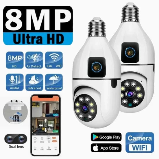 Câmera WiFi E27 8MP com Lâmpada, Zoom 8X, Lentes Duplas, Monitoramento Interno, Rastreio de Pessoas, Áudio Bidirecional Sem Fio, Visão Noturna em Cores.